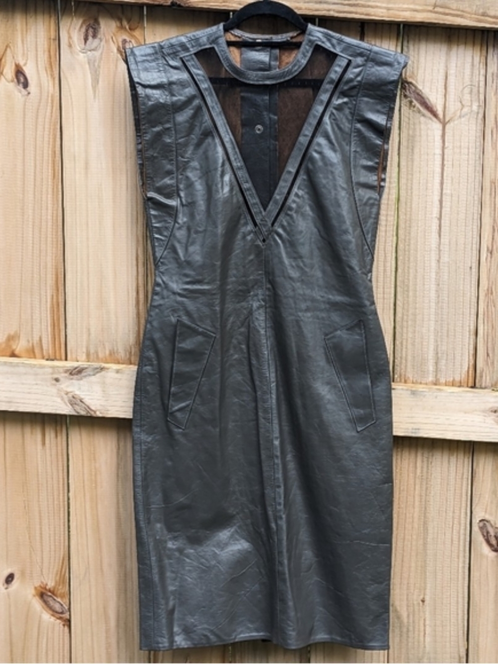 Vtg 80sGray Leather V-Neck Dress with Sheer Panel